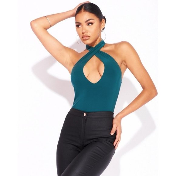 Green Sleeveless Halter Neck Keyhole Open Back Bodycon Bodysuit Top - Picture 12 of 13